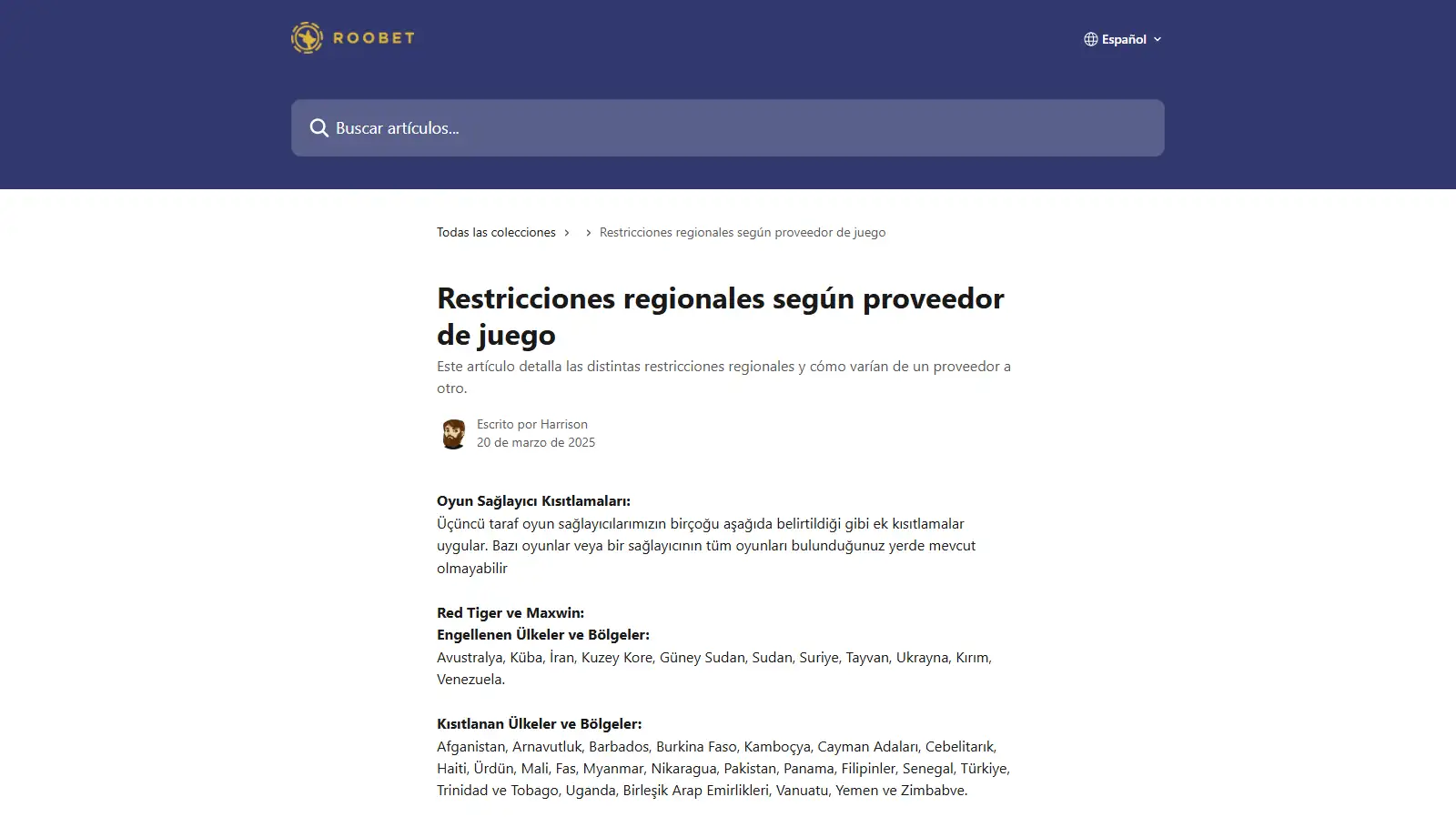 Listado de restricciones regionales de proveedores de juegos de Roobet