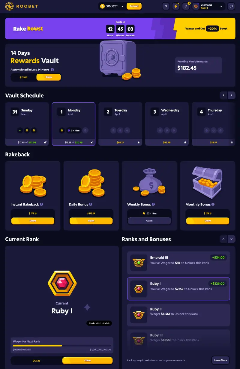 Panel de Rewards de Roobet con Instant Rakeback, recompensas periódicas y Vault