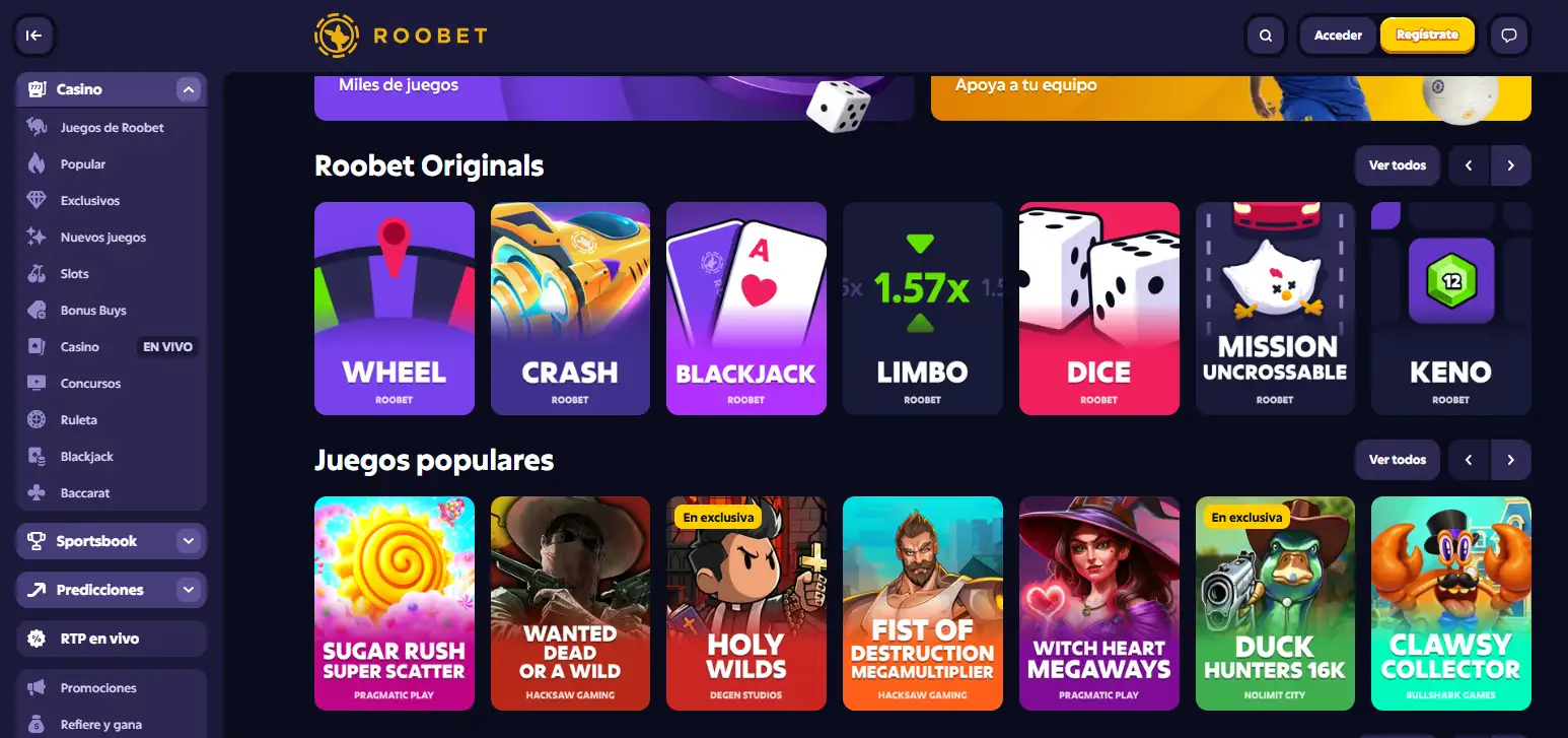 Lobby de juegos de Roobet con categorías de casino y títulos disponibles