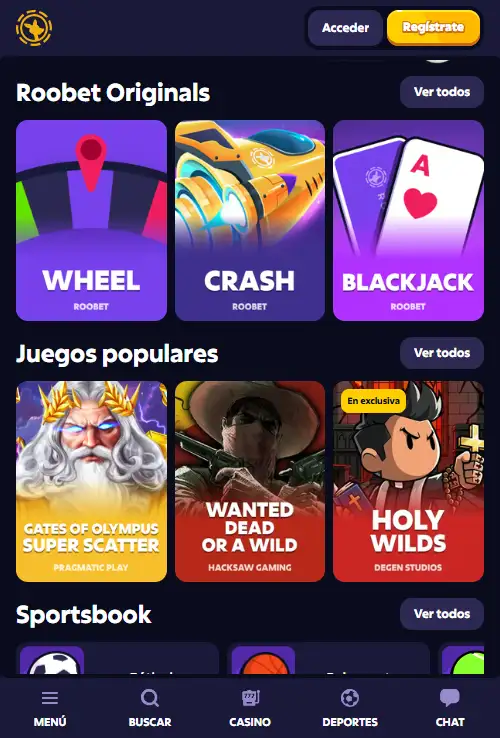 Roobet abierto en un navegador móvil con navegación adaptada a pantalla de teléfono