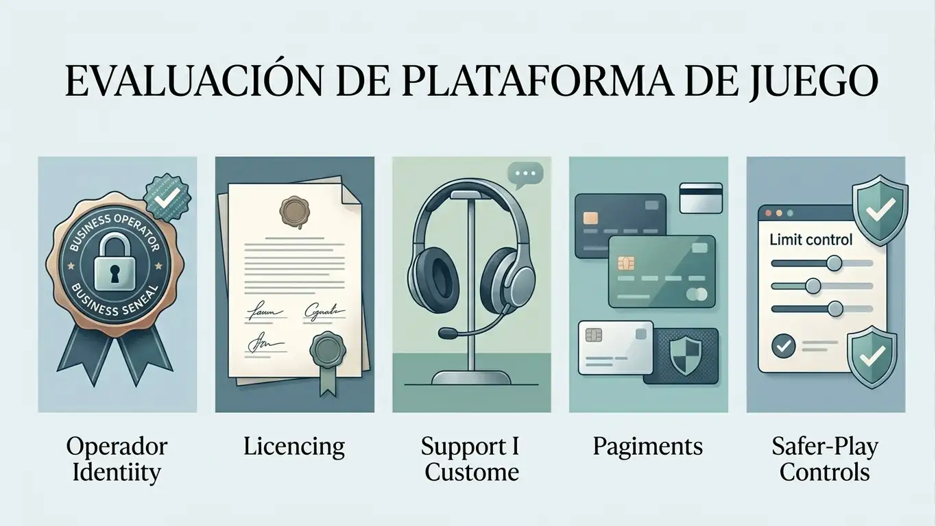 Panel de evaluación con apartados de licencia, soporte, pagos y control de juego