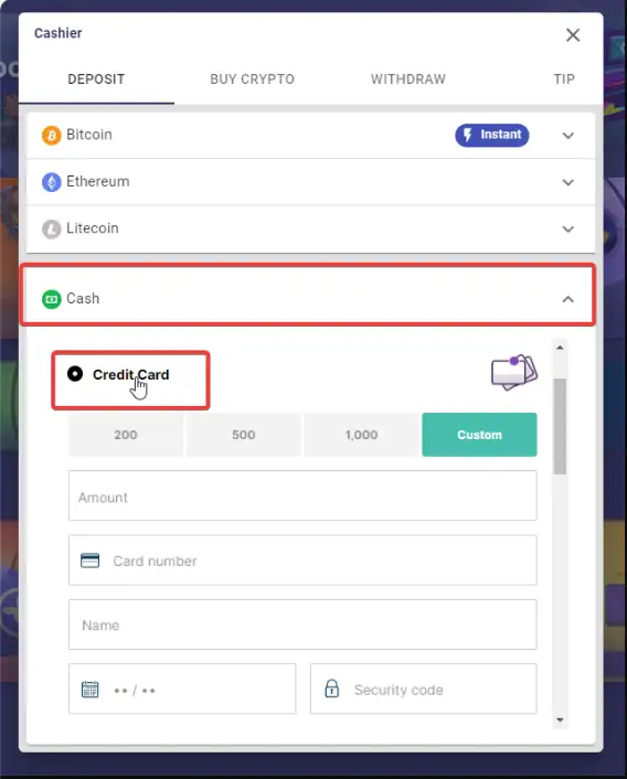 Cajero de Roobet con opciones de depósito mediante tarjeta, banco y criptomonedas