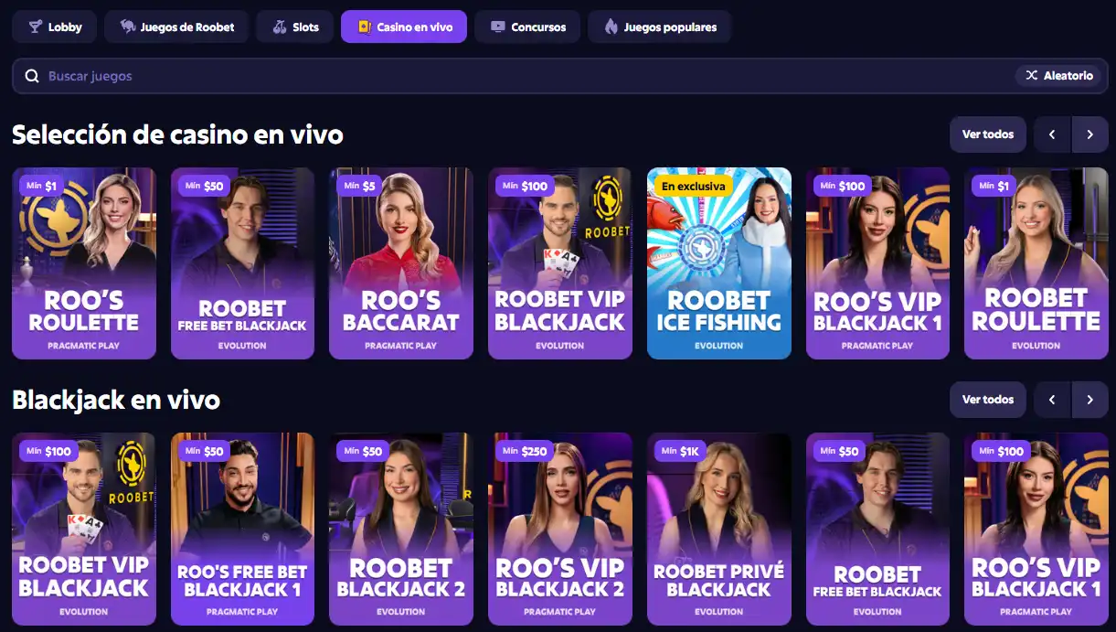 Sección de casino en vivo de Roobet con mesas y juegos disponibles