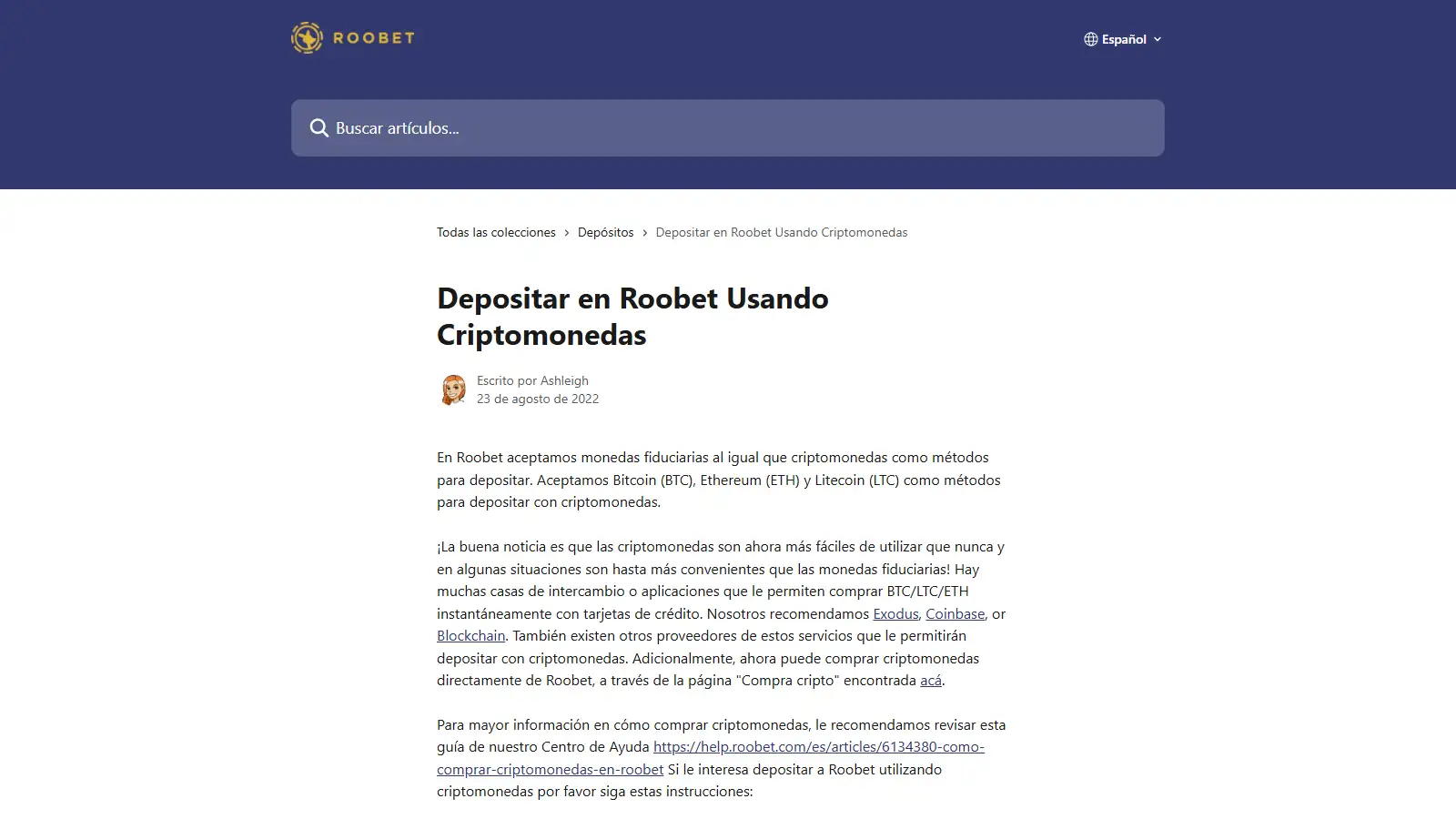 Cajero de Roobet con el selector de criptomonedas y redes de depósito