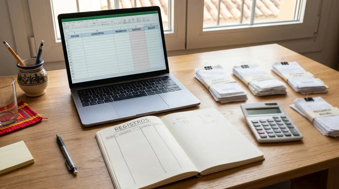 Mesa de trabajo con registros de ganancias y pérdidas de juego junto a documentación fiscal española