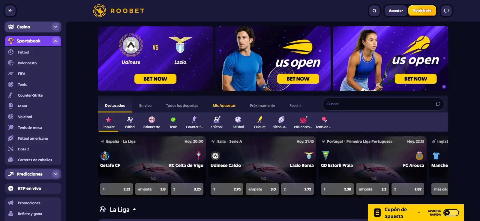 Sportsbook de Roobet con lista de eventos, cuotas y panel para preparar una apuesta